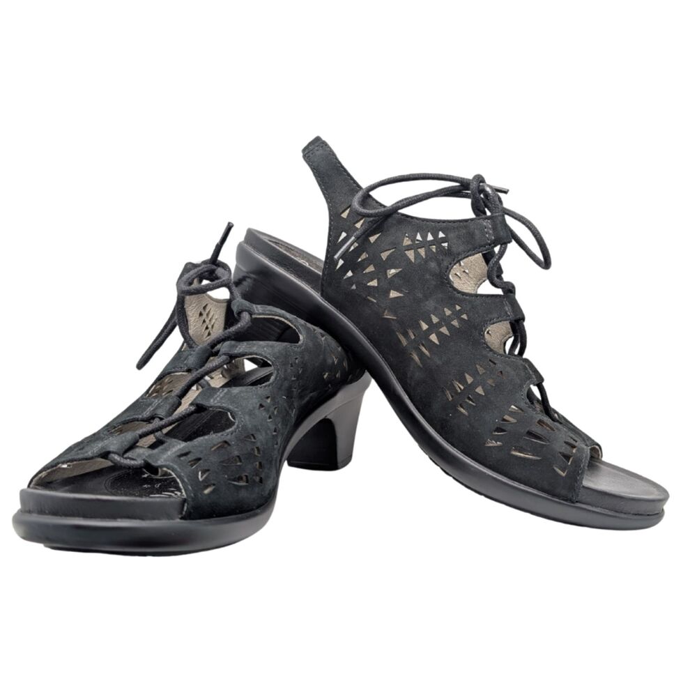 Abeo Black Goldie Nubuck Lace Up Heel Sandal Size Womens 8